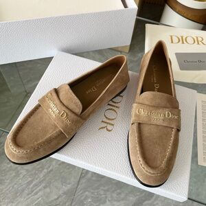Dior Tan Suede Women's Loafers with Gold Logo Strap